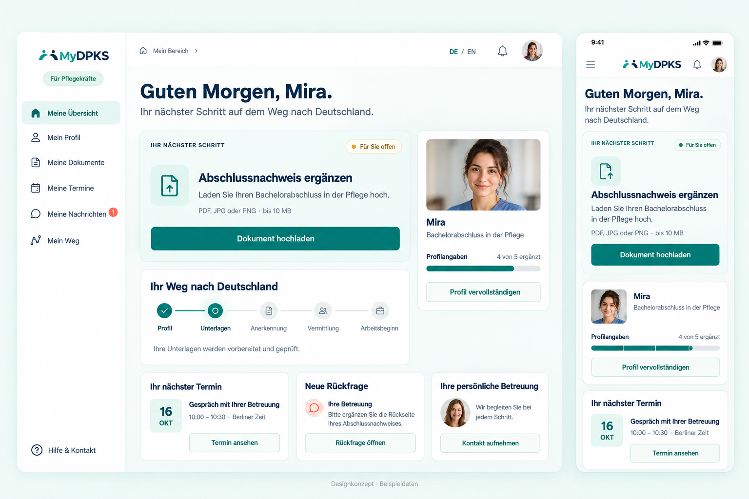 Designvorschau des MyDPKS-Kandidatenportals auf Desktop und Smartphone