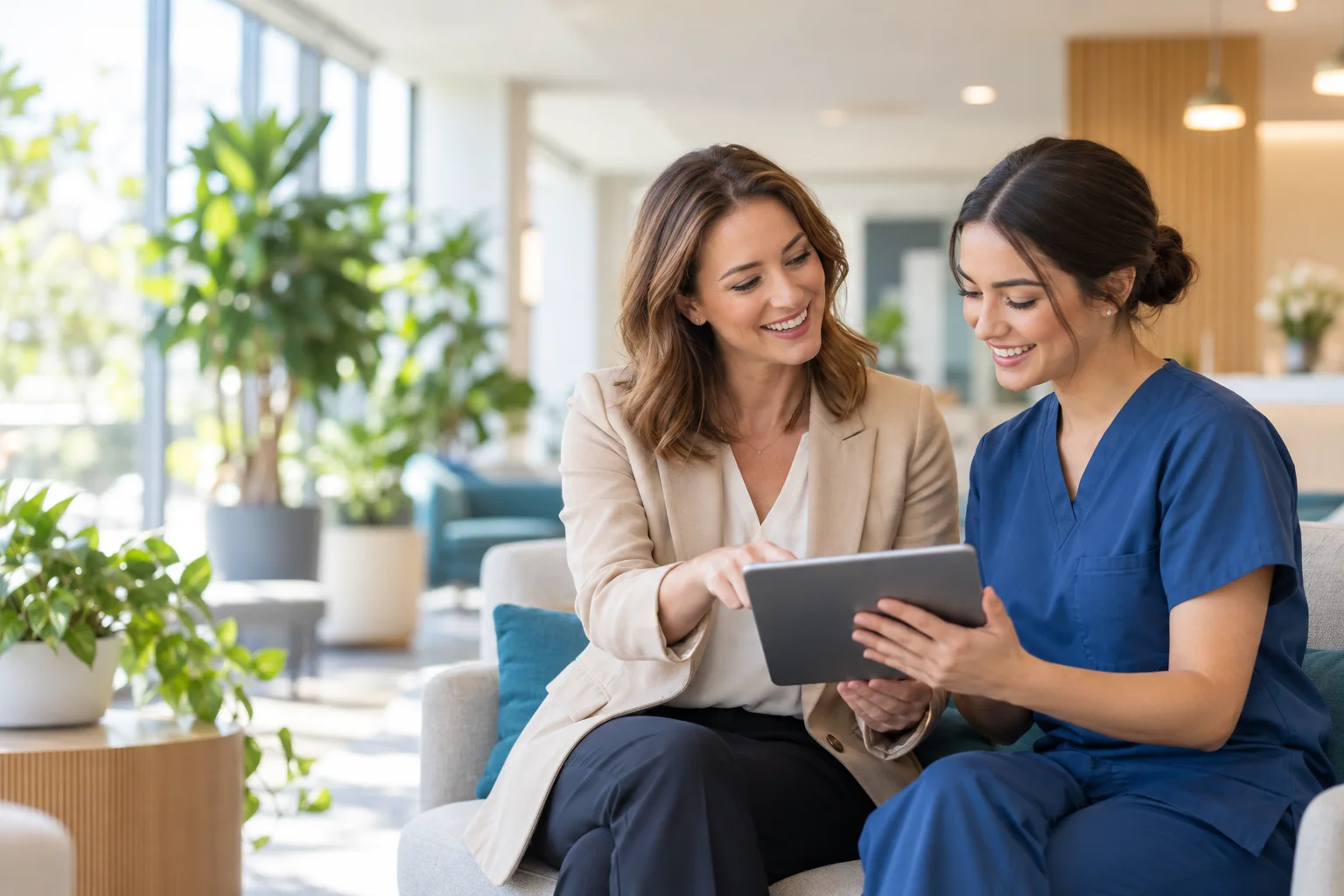 An adviser and a nurse discussing a profile