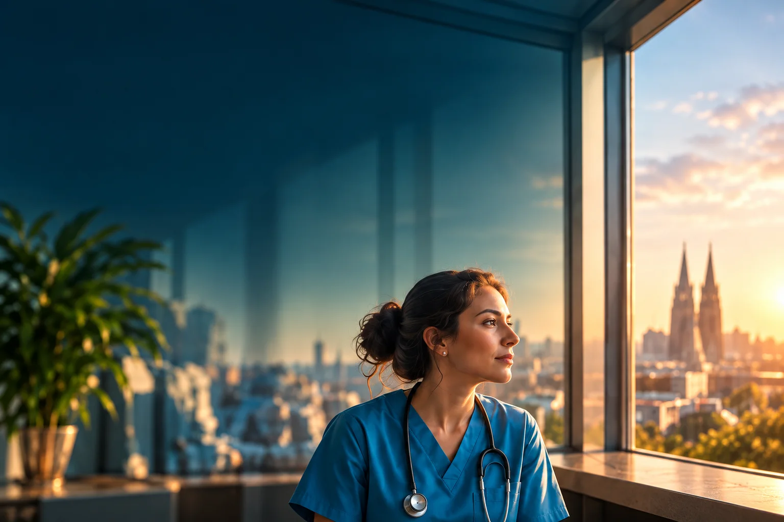 Nurse at a window overlooking Cologne